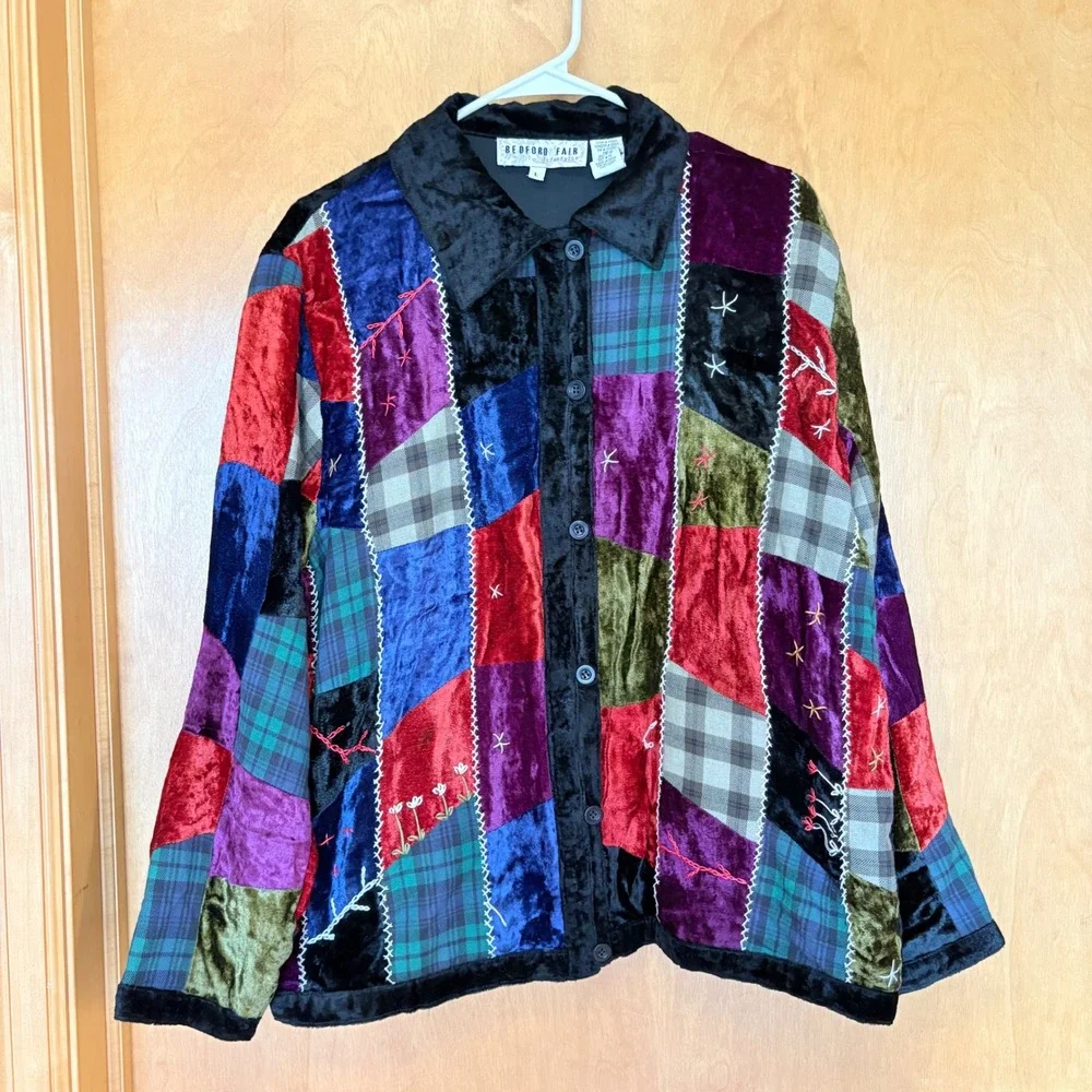 Bedford Fair Patchwork Velvet Plaid Button Down Jacket Women's‎ L Colorful